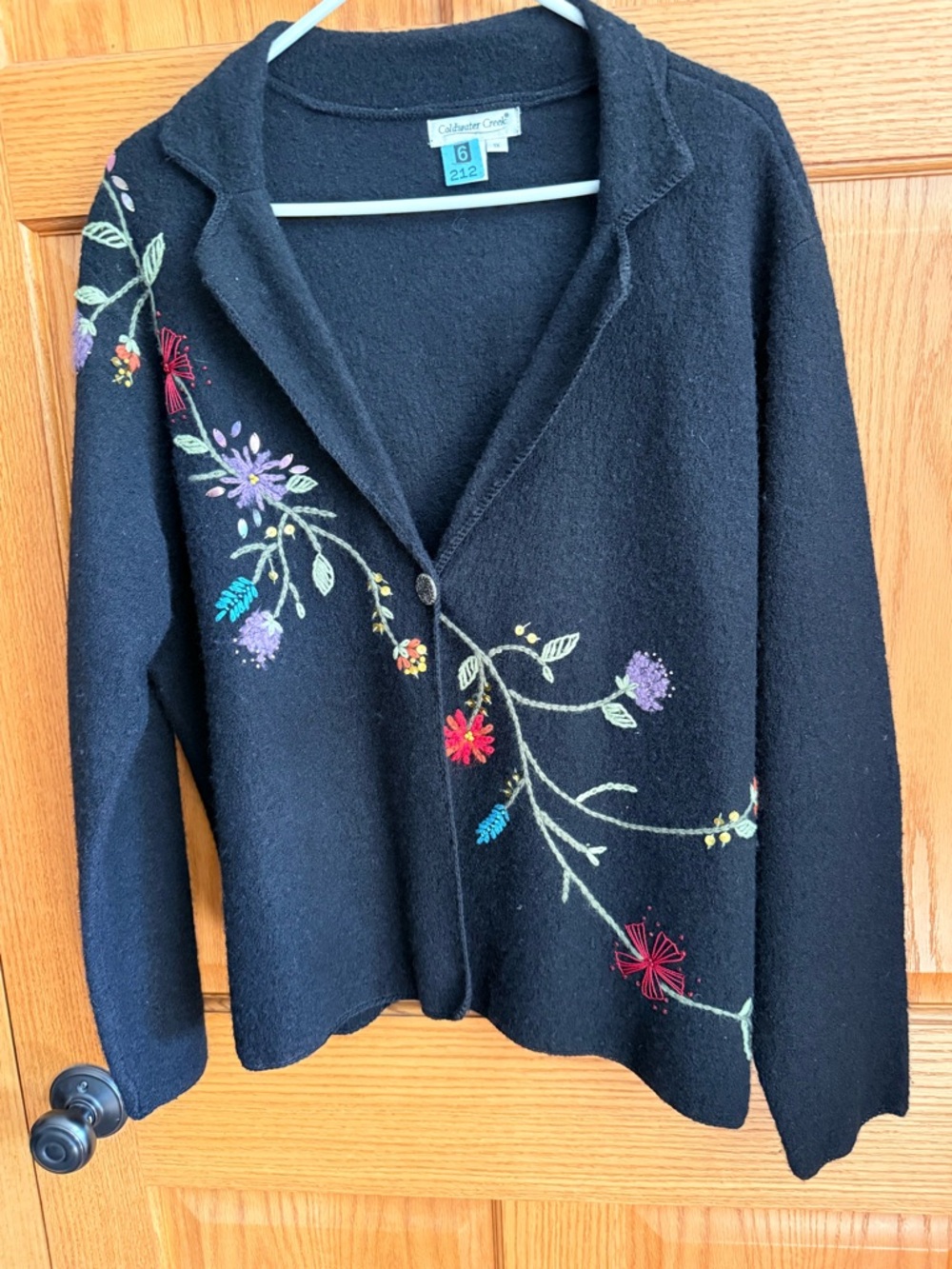 Coldwater Creek Black Cardigan with Multicolor Floral Embroidery
